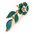 Teal Green Enamel, Clear Crystal Flower Drop Earrings In Gold Plating - 40mm Length - view 4
