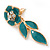 Teal Green Enamel, Clear Crystal Flower Drop Earrings In Gold Plating - 40mm Length - view 5