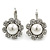 Rhodium Plated Clear Crystal, Glass Pearl 'Daisy' Drop Earrings With Leverback Closure - 30mm Length - view 1