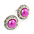 Deep Pink Acrylic Bead, Diamante Button Stud Earrings In Silver Tone - 15mm Diameter - view 2