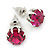 Round Fuchsia Jewelled Stud Earrings In Silver Tone - 8mm - view 2