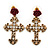 Vintage Inspired Filigree, Crystal Cross With Rose Drop Earrings In Antique Gold Metal - 45mm Length