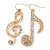 Long Gold Tone Crystal 'Musical Note' Drop Earrings - 60mm Length