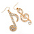 Long Gold Tone Crystal 'Musical Note' Drop Earrings - 60mm Length - view 4