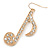 Long Gold Tone Crystal 'Musical Note' Drop Earrings - 60mm Length - view 5