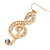 Long Gold Tone Crystal 'Musical Note' Drop Earrings - 60mm Length - view 6