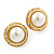 Bridal/ Prom/ Wedding White Simulated Pearl Crystal Button Stud Earrings In Gold Tone - 15mm Diameter