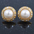 Bridal/ Prom/ Wedding White Simulated Pearl Crystal Button Stud Earrings In Gold Tone - 15mm Diameter - view 6