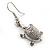 Silver Tone Etched Turtle Drop Earrings - 35mm L - view 6