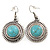 Vintage Inspired Round, Hammered Turquoise Drop Earrings In Antique Silver Tone - 45mm L