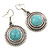 Vintage Inspired Round, Hammered Turquoise Drop Earrings In Antique Silver Tone - 45mm L - view 2