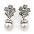 Bridal/ Wedding/ Prom Silver Tone Clear Crystal, 9mm Simulated Pearl Flower Drop Earrings - 30mm L - view 2
