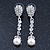 Bridal/ Wedding/ Prom Silver Tone Clear Crystal, 9mm Simulated Pearl Flower Linear Earrings - 50mm L - view 5