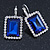 Dark Blue/ Clear CZ Square Drop Earrings With Leverback Closure In Rhodium Plating - 35mm L - view 2