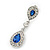 Bridal/ Wedding/ Prom Royal Blue/ Clear CZ Teardrop Earrings In Rhodium Plating - 50mm L - view 4