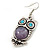 Vintage Inspired Amethyst Stone Owl Drop Earrings In Antique Silver Tone - 50mm L - view 3