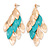 Long Gold/ Teal Green Textured Leaf Chandelier Earrings In Gold Tone - 11cm L