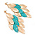 Long Gold/ Teal Green Textured Leaf Chandelier Earrings In Gold Tone - 11cm L - view 5