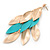 Long Gold/ Teal Green Textured Leaf Chandelier Earrings In Gold Tone - 11cm L - view 3