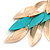 Long Gold/ Teal Green Textured Leaf Chandelier Earrings In Gold Tone - 11cm L - view 4