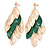 Long Gold/ Green Textured Leaf Chandelier Earrings In Gold Tone - 11cm L