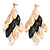 Long Gold/ Black Textured Leaf Chandelier Earrings In Gold Tone - 11cm L