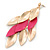 Long Gold/ Pink Textured Leaf Chandelier Earrings In Gold Tone - 11cm L - view 3