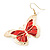 Lightweight Red Enamel Butterfly Drop Earrings In Gold Tone - 60mm L - view 4