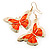 Lightweight Orange Enamel Butterfly Drop Earrings In Gold Tone - 60mm L