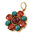Turquoise, Pink Glass Stone Floral Drop Earrings With Leverback Closure In Gold Tone - 50mm L - view 3