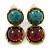 Vintage Inspired Teal/ Burgundy Double Button Drop Clip On Earrings In Antique Gold Tone - 35mm L