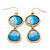 Blue Textured Glass Stone Double Oval Drop Earrings In Gold Tone - 50mm L
