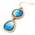 Blue Textured Glass Stone Double Oval Drop Earrings In Gold Tone - 50mm L - view 3