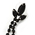 Long Black Crystal Leaf Linear Earrings In Black Tone Metal - 10cm L - view 3