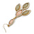 Pale Pink/ Olive Glass Stone, Crystal Leaf Drop Earrings In Gold Tone - 70mm L - view 4