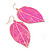 Deep Pink Enamel Etched Leaf Drop Earrings In Gold Tone - 75mm L - view 7