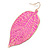 Deep Pink Enamel Etched Leaf Drop Earrings In Gold Tone - 75mm L - view 3