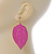 Deep Pink Enamel Etched Leaf Drop Earrings In Gold Tone - 75mm L - view 5