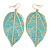Light Teal Enamel Etched Leaf Drop Earrings In Gold Tone - 75mm L