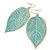 Light Teal Enamel Etched Leaf Drop Earrings In Gold Tone - 75mm L - view 2