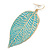 Light Teal Enamel Etched Leaf Drop Earrings In Gold Tone - 75mm L - view 3