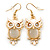 Gold Tone White Enamel, Cat's Eye Stone Owl Drop Earrings - 45mm L