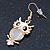 Gold Tone White Enamel, Cat's Eye Stone Owl Drop Earrings - 45mm L - view 7