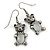 Marcasite Hematite Crystal Bear Drop Earrings In Antique Silver Tone - 40mm L - view 7