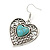 Vintage Inspired Turquoise Stone Filigree Heart Drop Earrings In Antique Silver Tone - 45mm L - view 4