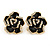 Black Enamel Crystal Rose Stud Earrings In Gold Tone - 20mm Diameter