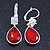 Red/ Clear CZ, Glass Teardrop Earrings With Leverback Closure In Silver Tone - 45mm L - view 3