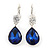 Navy Blue/ Clear CZ, Glass Teardrop Earrings With Leverback Closure In Silver Tone - 45mm L - view 7