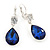 Navy Blue/ Clear CZ, Glass Teardrop Earrings With Leverback Closure In Silver Tone - 45mm L