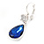 Navy Blue/ Clear CZ, Glass Teardrop Earrings With Leverback Closure In Silver Tone - 45mm L - view 5
